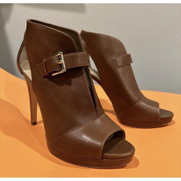 MICHAEL Michael Kors Shoes - MICHAEL Michael Kors Brown Leather Peep-Toe Ankle Booties with Gold Buckle